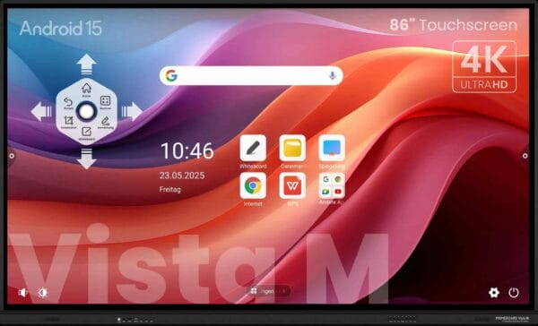 Das Bild zeigt ein interaktives Primeboard Vista M mit 86 Zoll großem 4K-Touchdisplay und Android 15-Betriebssystem. Die Benutzeroberfläche mit App-Symbolen und Uhrz