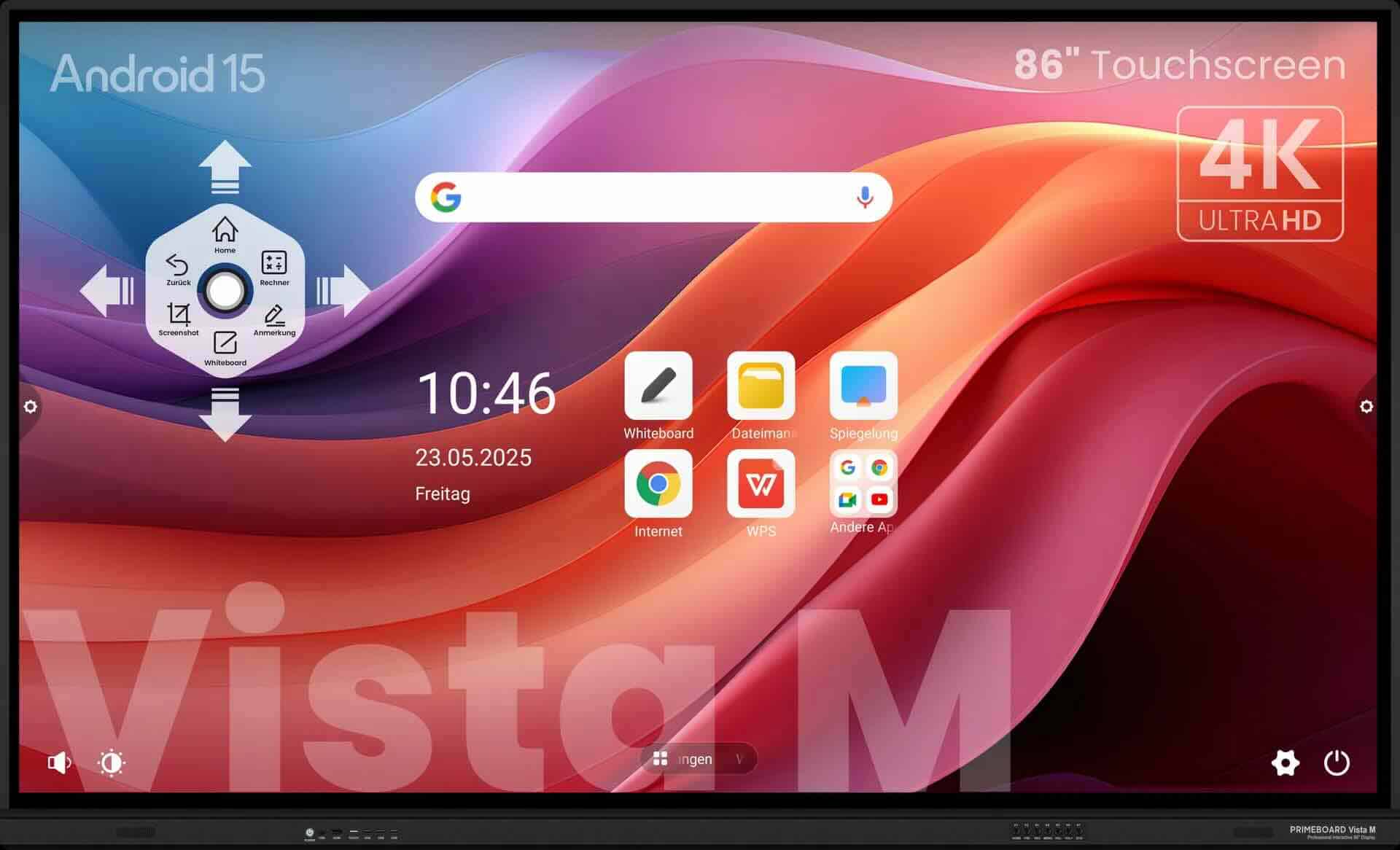 Primeboard Vista M interaktives 86"-Touchdisplay mit Android 15 Das Bild zeigt ein interaktives Primeboard Vista M mit 86 Zoll großem 4K-Touchdisplay und Android 15-Betriebssystem. Die Benutzeroberfläche mit App-Symbolen und Uhrz