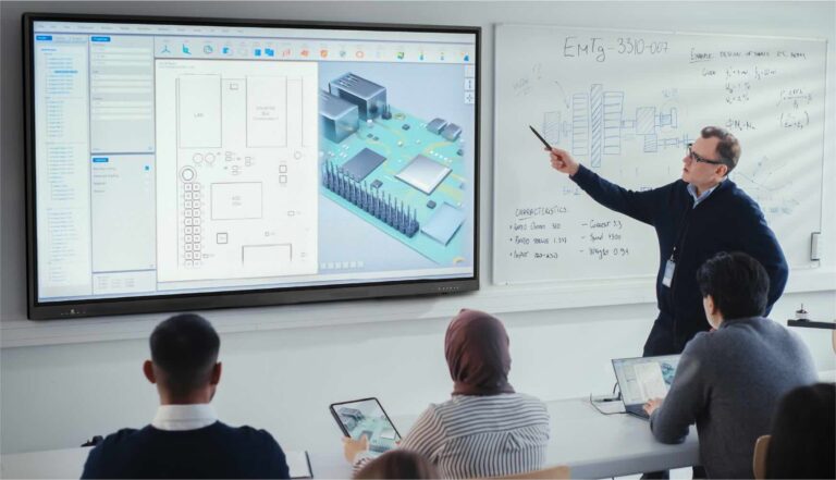 Ein Lehrer präsentiert digitale Inhalte auf einem Speechi Touchdisplay, das mit Wandhalterung montiert ist; mehrere Personen im Raum folgen aktiv mit Tablets – ideal für hybride Lernkonzepte, Schulungen und Präsentationen in Bildung und Business.