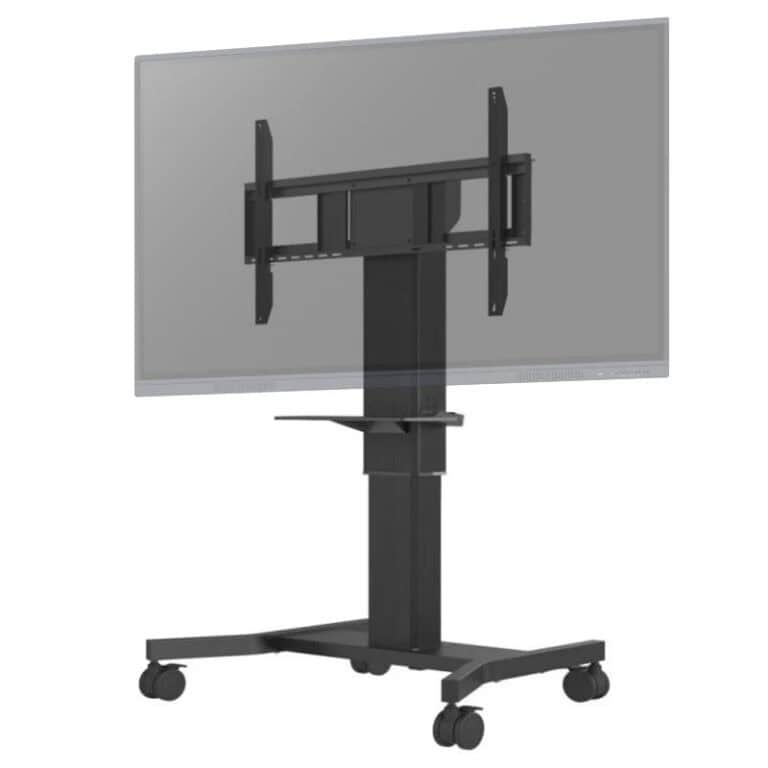 Motorisierte, mobile Halterung für Speechi Displays mit höhenverstellbarer Säule und Rollenfuß – ideal für den flexiblen Einsatz in Schulen, Besprechungsräumen, Workshops und barrierefreien Umgebungen.