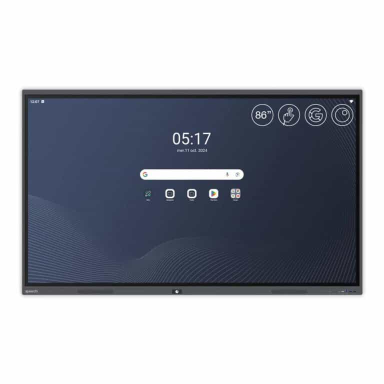 Ein Speechi SuperGlass Pro interaktives Display mit 4K-Auflösung und Android 14, dargestellt im Startbildschirm-Modus mit übersichtlicher Symbolleiste – ideal für Schulen, Unternehmen und öffentliche Einrichtungen, die kollaborative Anwendungen und Google-Dienste nutzen.