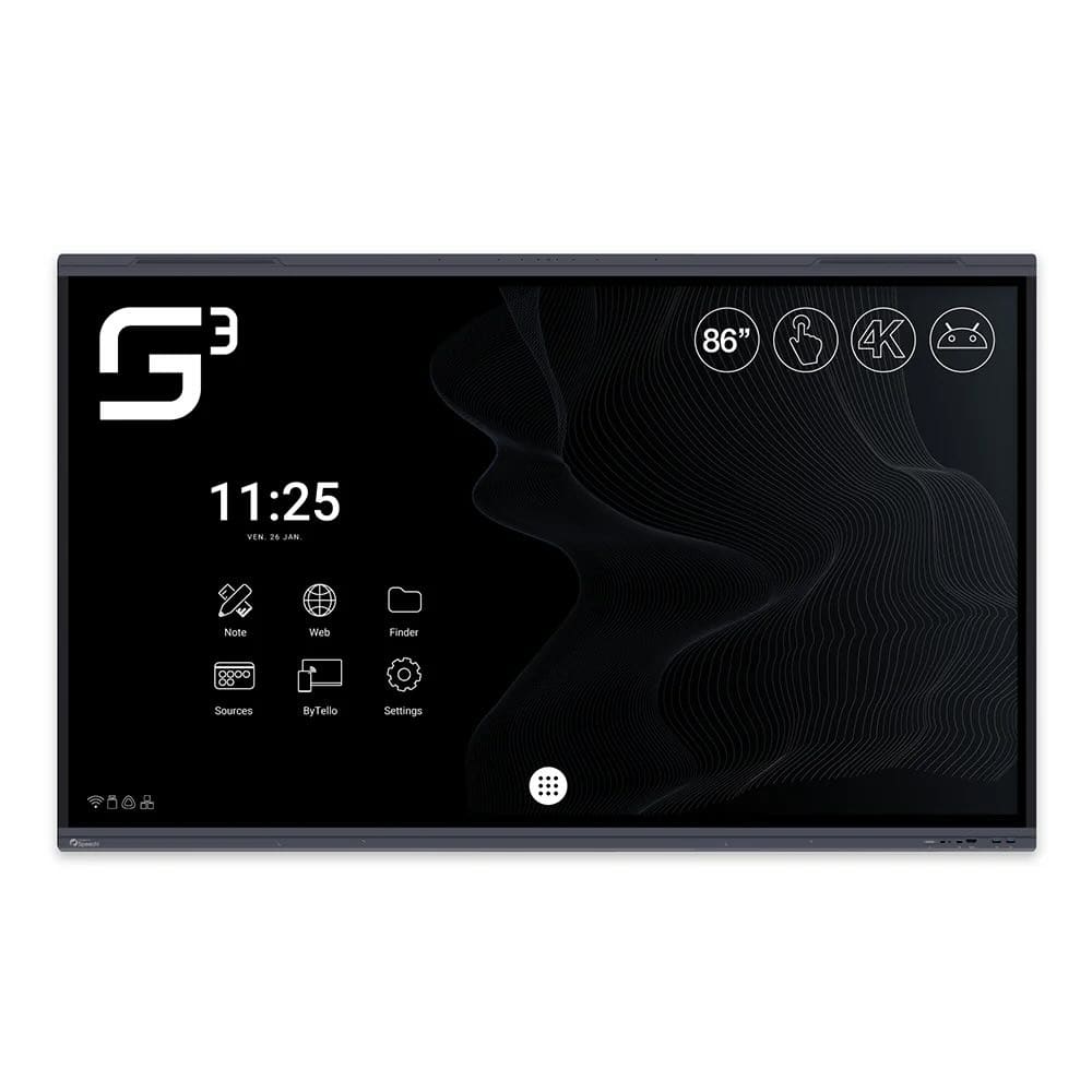 Speechi SuperGlass 3 – Interaktives 4K-Touchdisplay mit modernem Startscreen Startansicht des Speechi SuperGlass 3 interaktiven Touchdisplays mit strukturierter Menüoberfläche, Uhrzeitanzeige und Symbolnavigation – ideal für schnellen Zugriff auf Präsentationen, Videokonferenzen, Whiteboard oder Dateifreigabe in Bildung und Business.