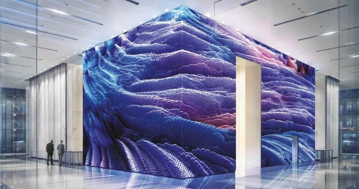 Eine großflächige, hochauflösende MicroLED-Videowand von Samsung, bekannt als „The Wall“, umhüllt einen zentralen Kubus in einer modernen Hotellobby oder Unternehmenszentrale und zeigt ein digitales Wellenmotiv in lebendigen Farben.