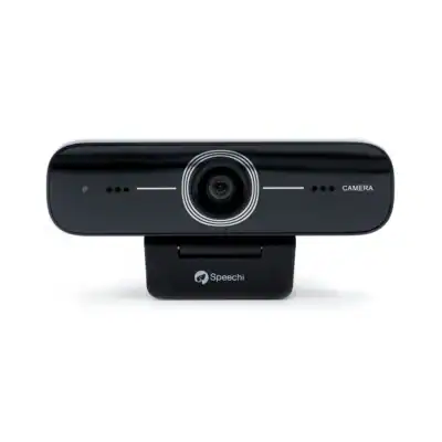 Die Speechi SPE-MG-104 Full-HD-Videokonferenzkamera ist frontal vor weißem Hintergrund abgebildet und zeigt ihr zentrales Objektiv sowie die integrierte Mikrofontechnik – geeignet für professionelle Online-Meetings in Büro, Homeoffice und Bildungsumfeld.