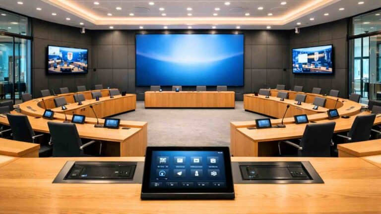 KI-generiertes Visual eines modernen Sitzungssaals mit digitaler Medientechnik, beispielhaft für hybride oder mediengestützte Gremiensitzungen, wie sie mit Lösungen von conference-tv realisierbar sind.