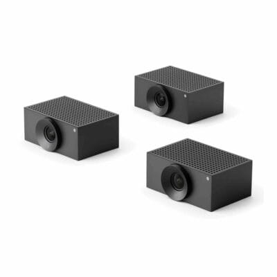 Drei schwarze Kameramodule des Jabra PanaCast Room Kit Multi sind freigestellt dargestellt und zeigen jeweils eine Frontlinse sowie ein strukturiertes Gehäuse.