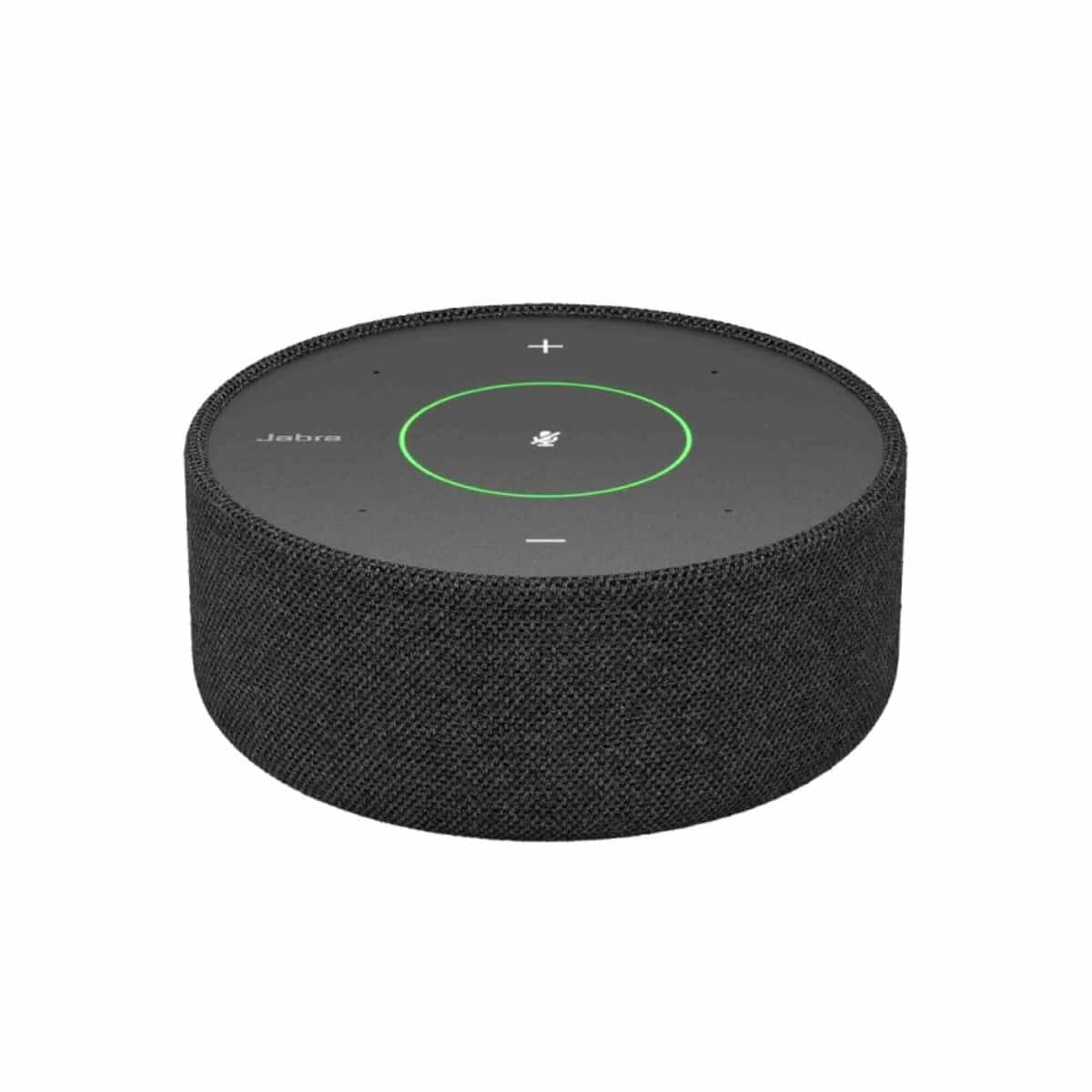 Jabra PanaCast Speakerphone Oberseite LED-Anzeige Das runde Jabra PanaCast Speakerphone ist in schwarzem Stoff ausgeführt und zeigt auf der Oberseite einen grünen LED-Ring mit mittigem Symbol.