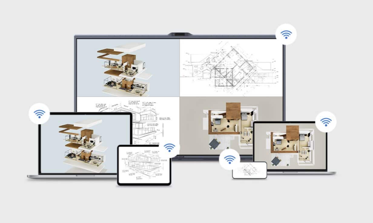 MAXHUB XBoard V7 Content Sharing und kabellose Bildschirmfreigabe Grafische Darstellung der kabellosen Content-Sharing-Funktion des MAXHUB XBoard V7, bei der Inhalte von Laptop, Tablet und Smartphone gleichzeitig auf dem interaktiven Display gespiegelt werden.