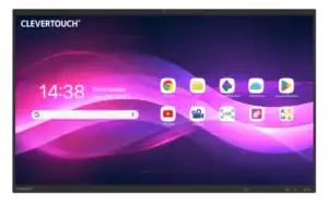 Ein freigestelltes interaktives Touchdisplay zeigt eine violette Startoberfläche mit App-Symbolen und schwarzem Rahmen.