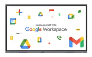 Ein interaktives Display zeigt Google Workspace mit Symbolen für Kalender, Drive, Meet, Docs, Sheets und Gmail.