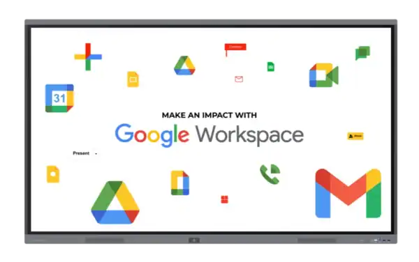 Ein interaktives Display zeigt Google Workspace mit Symbolen für Kalender, Drive, Meet, Docs, Sheets und Gmail.