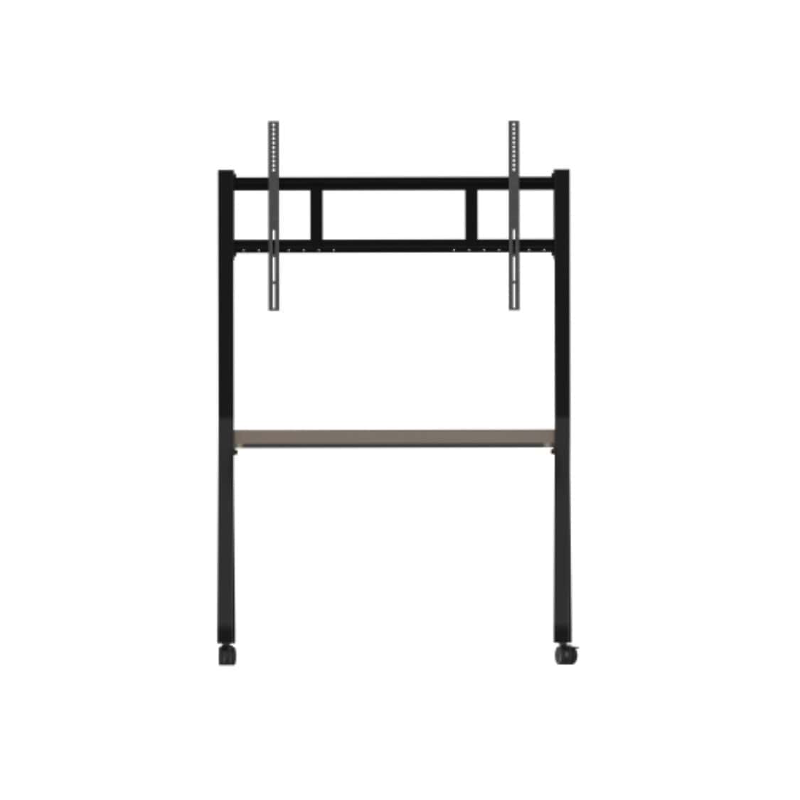 i3CONNECT Stand 2 Displayständer ohne Display Ein schwarzer, hochformatiger Displayständer steht vor weißem Hintergrund; zwei vertikale Pfosten sind durch horizontale Streben verbunden, unten stabilisiert ein Querrahmen das Gestell.