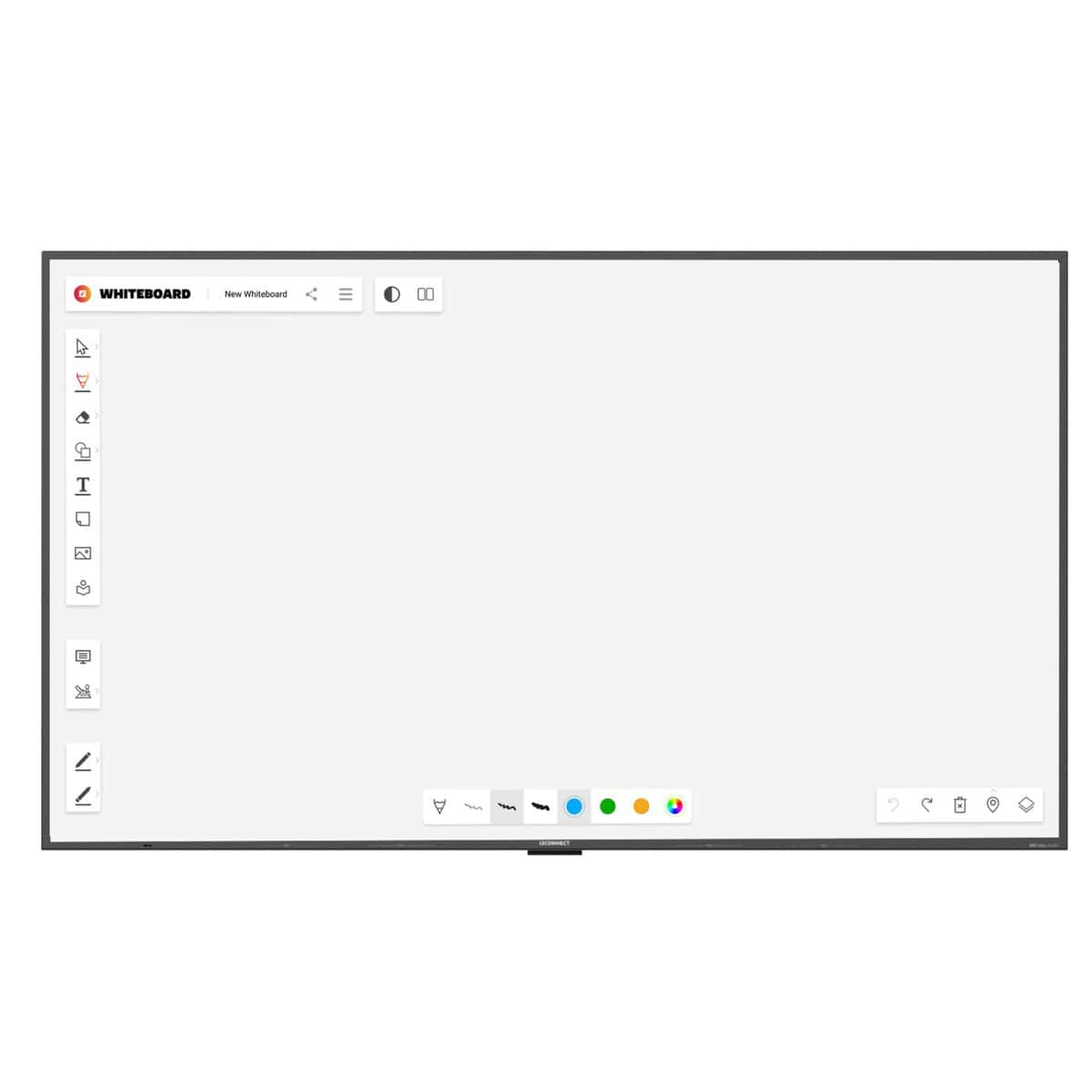 i3CONNECT Aspen 4 Touchdisplay mit Whiteboard-Oberfläche Ein schwarzes Touchdisplay mit dünnem Rahmen steht freigestellt vor weißem Hintergrund; auf dem Bildschirm ist eine helle Whiteboard-Oberfläche mit Werkzeugleiste und Farbpunkten zu sehen.