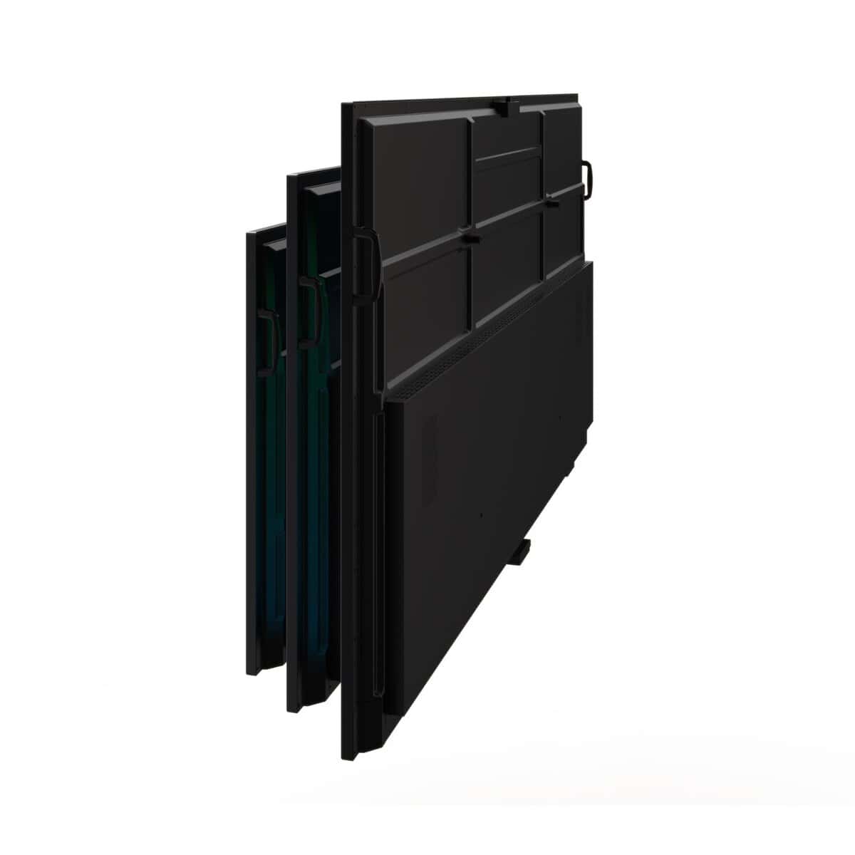 i3CONNECT Aspen 4 Rückansicht des Touchdisplays Ein schwarzes Touchdisplay ist freigestellt in schräger Rückansicht vor weißem Hintergrund dargestellt; sichtbar sind die Rückseite, seitliche Gehäusetiefe und mehrere hintereinander liegende Displaykanten.