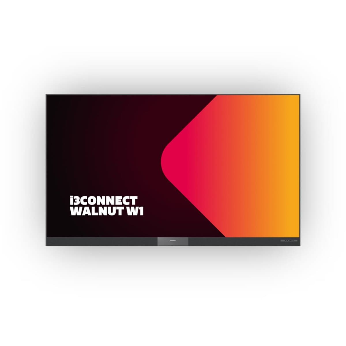 i3CONNECT Walnut W1 interaktive LED-Wand frontal Ein großes Display im Querformat ist frontal vor hellem Hintergrund dargestellt und zeigt eine dunkle Bildschirmfläche mit farbigen Grafikelementen.