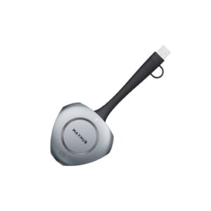 Ein grauer MAXHUB Wireless Screen Sharing Dongle mit kurzem schwarzem USB-Kabel ist freigestellt auf hellem Hintergrund abgebildet.