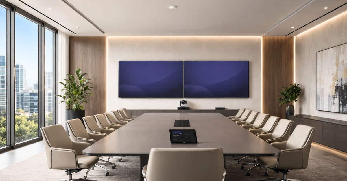 Ein moderner Boardroom zeigt einen langen Besprechungstisch, mehrere Sitzplätze und ein großes Display an der Stirnseite.