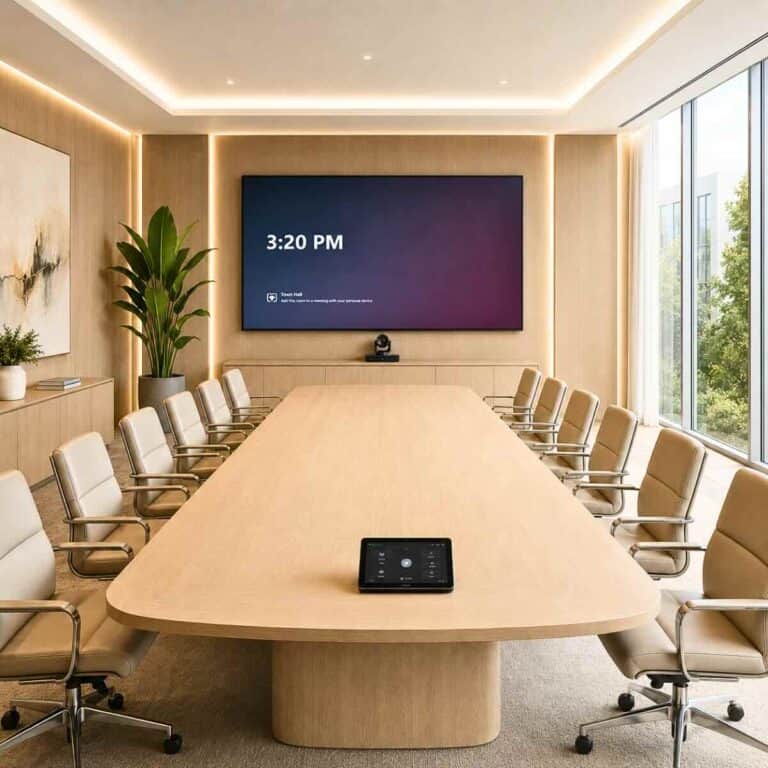 Ein Boardroom zeigt einen langen Konferenztisch, ein wandmontiertes Display, eine Konferenzkamera und einen Touch-Controller auf dem Tisch.