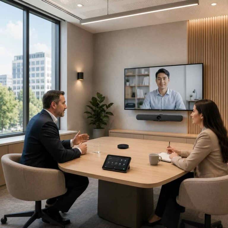Vertrauliches Gespräch im Huddle Room – zwei Personen in einem hybriden Meeting mit einem zugeschalteten Teilnehmer. Der Huddle Room ist ausgestattet mit einer Videobar, einem Display, einem Erweiterungsmikrofon und einem Touch-Controller