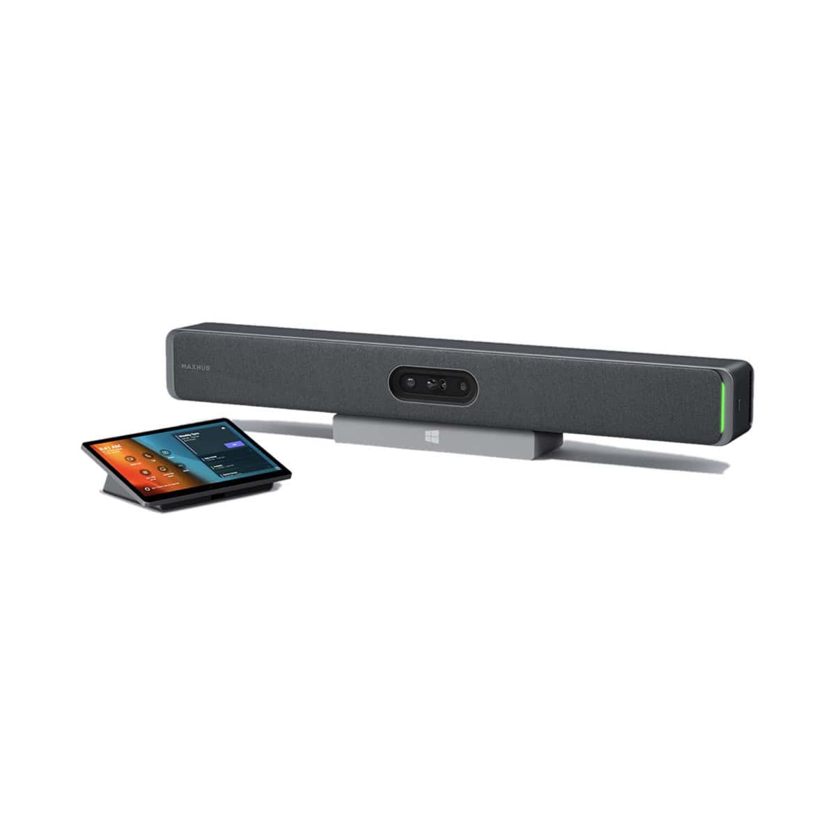 MAXHUB XBar W70 Kit Videobar mit Touch-Konsole Dunkelgraue Videobar MAXHUB XBar W70 mit mittiger Kameraeinheit und grüner Status-LED auf einem Tischstandfuß, links davor eine 11,6-Zoll-Touch-Konsole, freigestellt auf weißem Hintergrund.