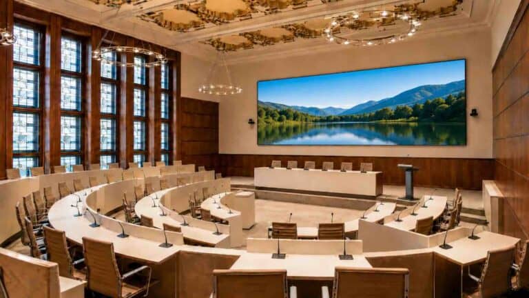 Ratssaal mit gebogener Tischanordnung, großer LED-Wall, Rednerpult und zwei Konferenzkameras in einem historischen Raum mit moderner Medientechnik.