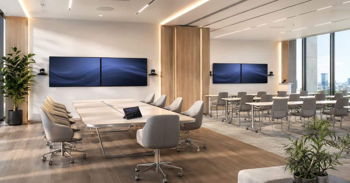 Ein moderner Konferenzraum zeigt große Displays, Sitzgruppen und technische Ausstattung für Videokonferenzen, Präsentationen und Besprechungen.