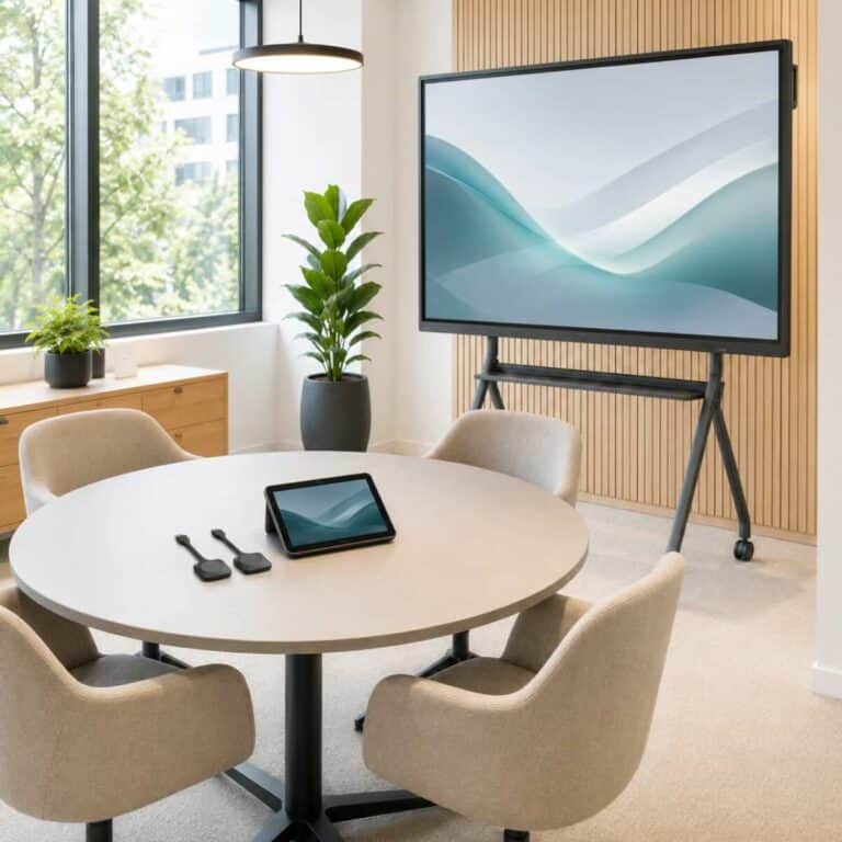 Ein mobiles Display steht neben einem Besprechungstisch, auf dem ein Touch-Controller und zwei Dongles für drahtloses Präsentieren liegen.