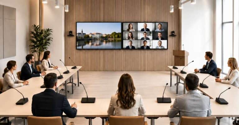 Sitzungssaal mit Rednerpult, zwei großen Displays, Mikrofonie und Konferenzkameras für eine hybride Gremiensitzung.