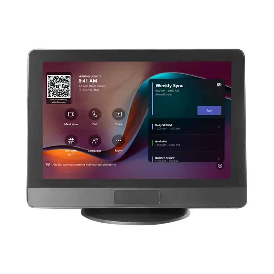 Barco ClickShare Control Panel Barco ClickShare Control Panel auf rundem Standfuß, 10,1-Zoll-Touchscreen zeigt die Microsoft-Teams-Rooms-Oberfläche mit Terminliste und Schaltflächen zum Meetingstart.