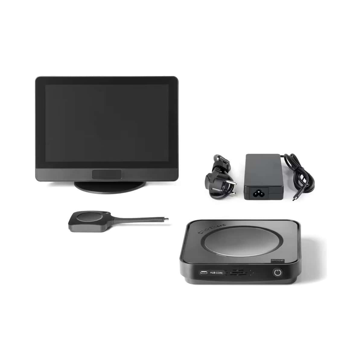 Barco ClickShare Hub Core und Control Panel Kit Lieferumfang des Barco ClickShare Hub Core und Control Panel Kit mit Control Panel auf Standfuß, ClickShare Button, Netzteil mit Netzkabel und Hub Core Base Unit.