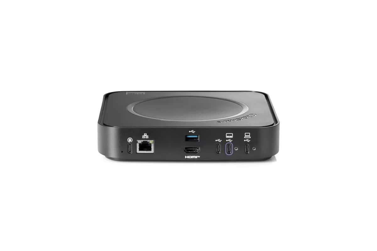 Barco ClickShare Hub Core Rückseite mit Anschlüssen Rückseite der ClickShare Hub Core Base Unit mit USB-C-Stromanschluss, Netzwerkbuchse, USB-A-Port, HDMI-Ausgang und drei USB-C-Anschlüssen.