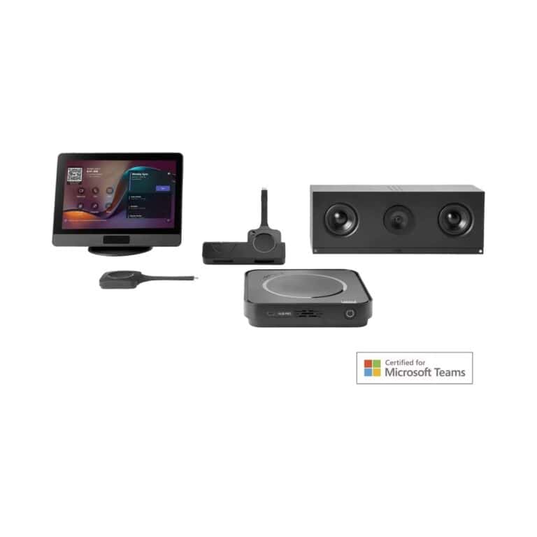 Touchdisplay mit Meeting-Oberfläche, zwei kabellose Buttons, schwarze Videobar mit Kamera und Lautsprechern sowie quadratische Base Unit vor weißem Hintergrund, daneben ein Microsoft-Teams-Zertifizierungslogo.