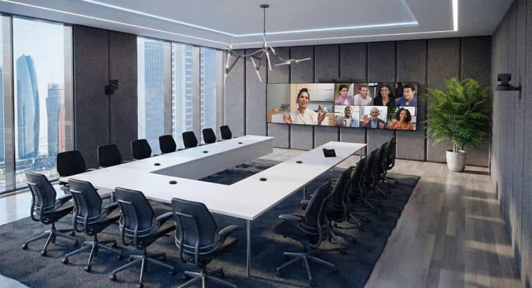 Cisco Room Kit Pro G2 mit Dual-Display in einem Konferenzraum mit Skyline-Blick – Videokonferenz mit vielen zugeschalteten Teilnehmern