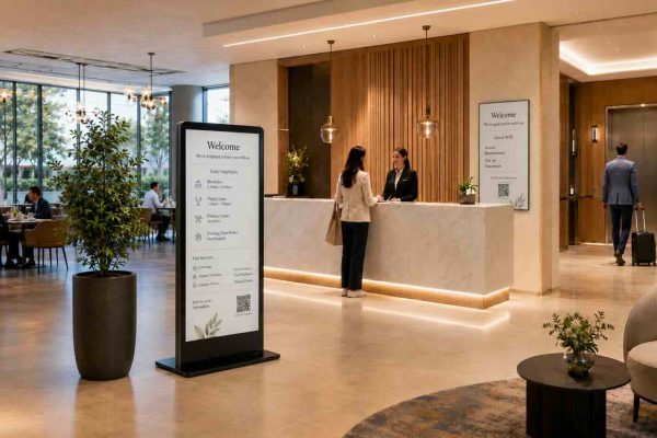 ePoster und ePaper-Displays in der Hotellerie: digitale Welcome-Stele mit Tagesprogramm und Services, Wegweisung zu den Zimmern und Empfang in der Lobby
