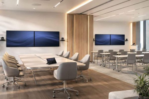 Ein moderner Konferenzraum zeigt große Displays, Sitzgruppen und technische Ausstattung für Videokonferenzen, Präsentationen und Besprechungen.