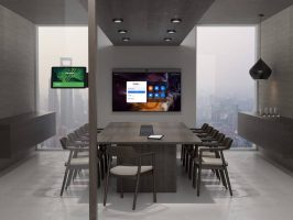 Moderner Konferenzraum mit Neat Board, Neat Pad und Zoom-Rooms-Setup für hybride Meetings